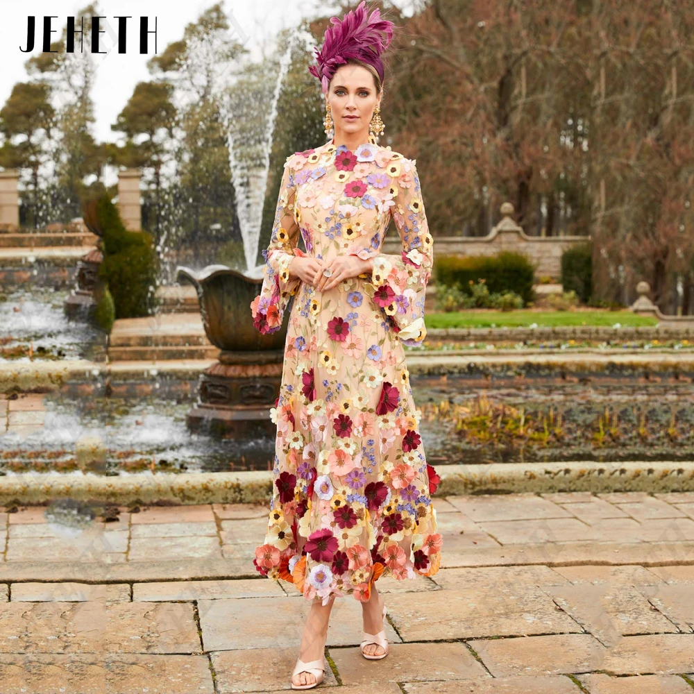 Top Trends: JEHETH High Neck 3D Flowers Prom Dresses For Women Luxury Flare Sleeves Evening Gown Formal Party Tea-Length فساتين مناسبة رسمية Shoppable Styles