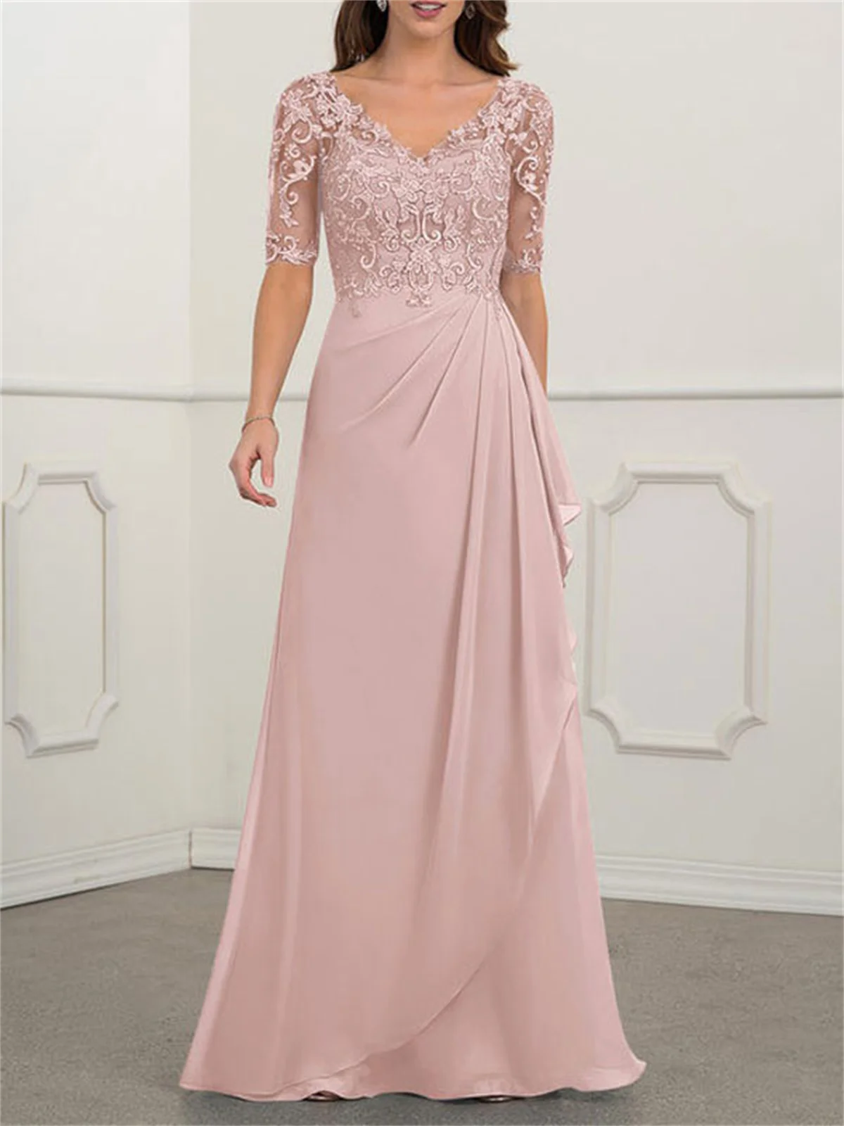 Top Trends: A-Line Pink Mother Of The Bride Dresses For Weddings V-Neck Half Sleeve Chiffon Mom Evening Gown Floral Lace Back Zipper Elegant Shoppable Styles