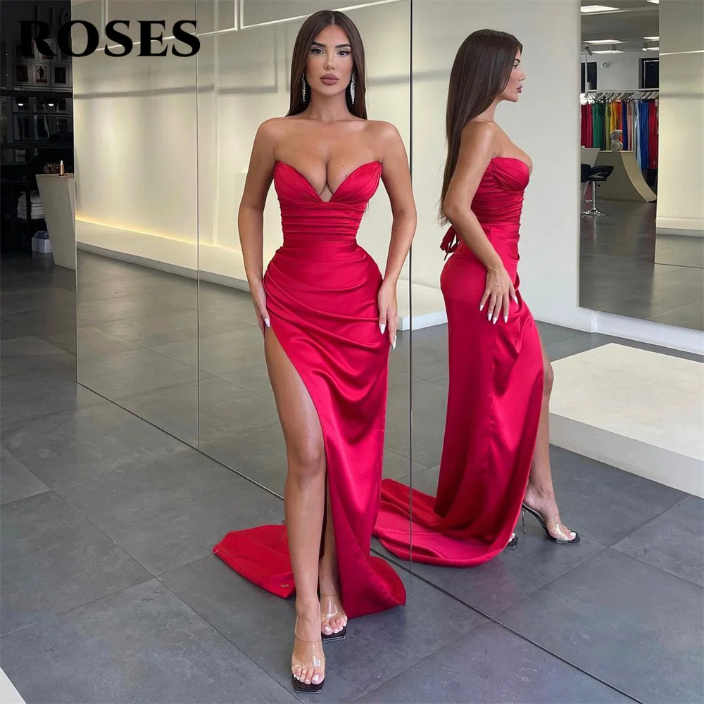 Top Trends: Red Sexy Mermaid Evening Dress Off Shoulder V-Neck Side Slit Pleat Prom Dress Arabia Shiny Satin Party Gowns Robes De Soirée Shoppable Styles