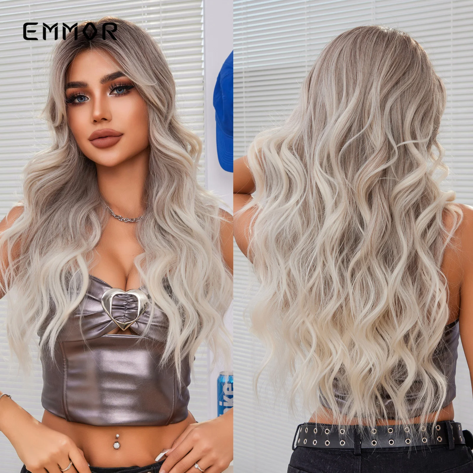 Top Trends: Long Blonde Grey Synthetic Wigs For Women Emmor Ombre Blonde Curly Wig With Bangs Daily Party Natural High Temperature Fake Hair Shoppable Styles