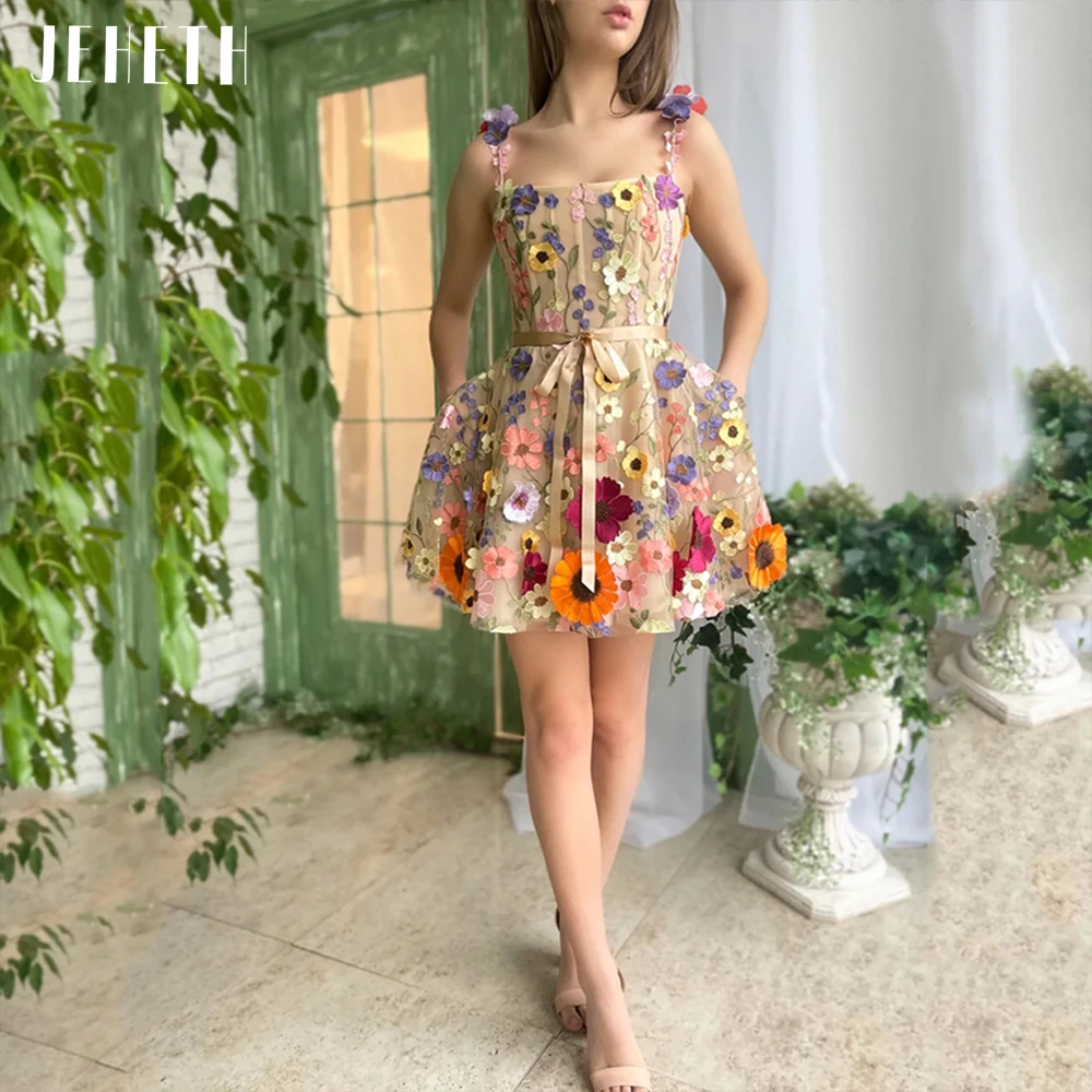 Top Trends: JEHETH Champagne 3D Flowers Tulle Prom Dress Pastoral Homecoming Square Collar A Line Evening Party Gown Mini Robes Se Soirée Shoppable Styles