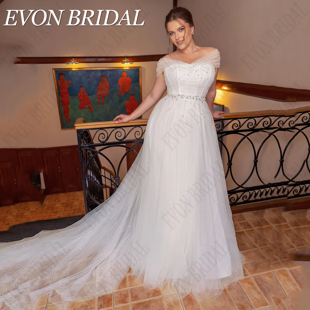 Top Trends: EVON BRIDAL Elegant Off Shoulder Wedding Dresses Plus Size Beading V-Neck Bride Gowns Civil A-Line Tulle Vestidos Novias Boda Shoppable Styles