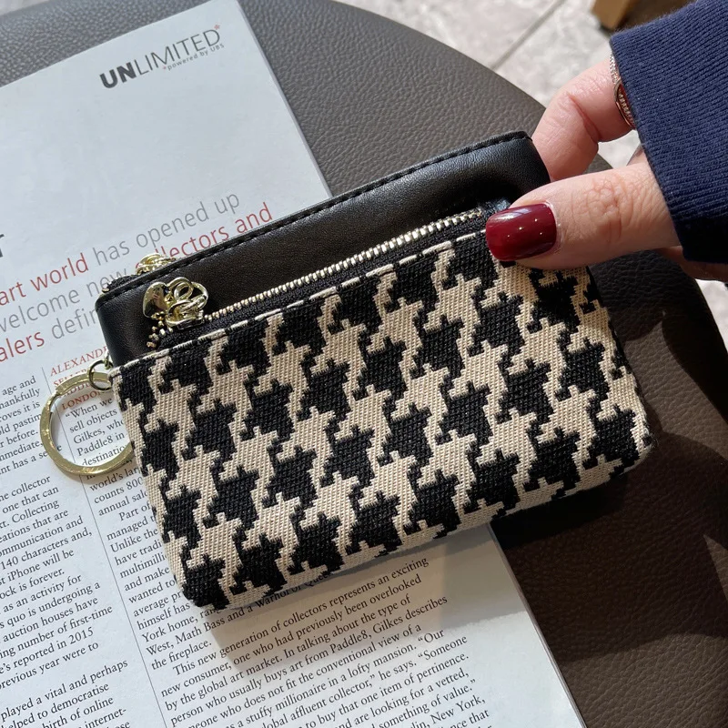 Top Trends: Brand Design Genuine Leather Coin Purse Houndstooth Embroidery Short Women Wallets With Keychain Heart Zipper Ladies Card Holder Shoppable Styles