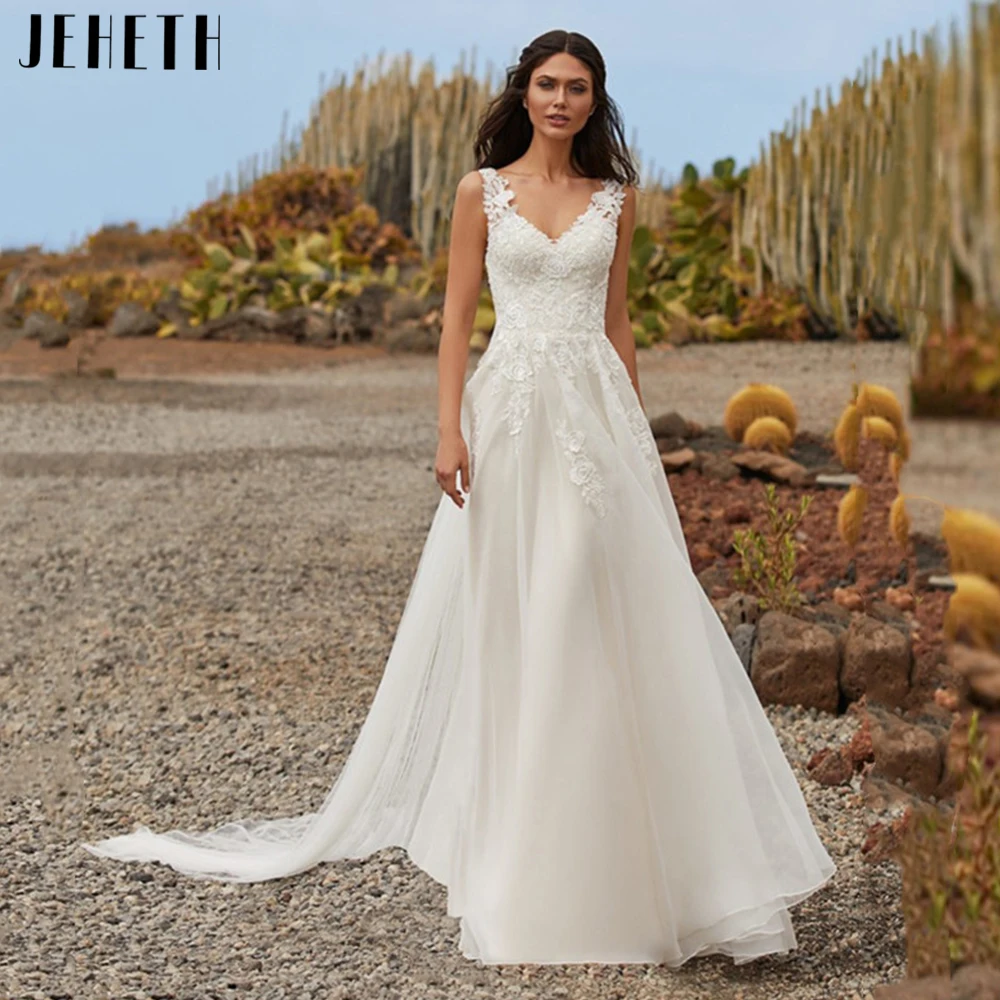 Top Trends: Simple A Line Wedding Dresses 2023 Sexy V Neck Sleeveless Lace Appliques Sweep Train For Women Bridal Gowns Buttons Back Robes Shoppable Styles