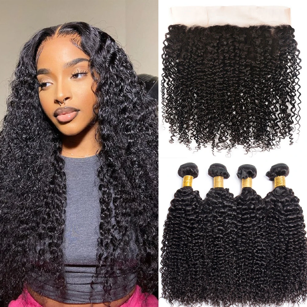 Top Trends: 10A Malaysian Hair Bundles With Frontal Kinky Curly Bundles With Frontal Closure 13x4 Ear To Ear Lace Human Hair Weave Extension Shoppable Styles