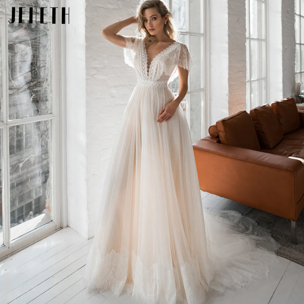 Top Trends: JEHETH Bohemian Lace Appliques Wedding Dresses Sexy V Neck Backless Bridal Gowns Cap Sleeves Tulle Vestidos De Novia Custom Made Shoppable Styles