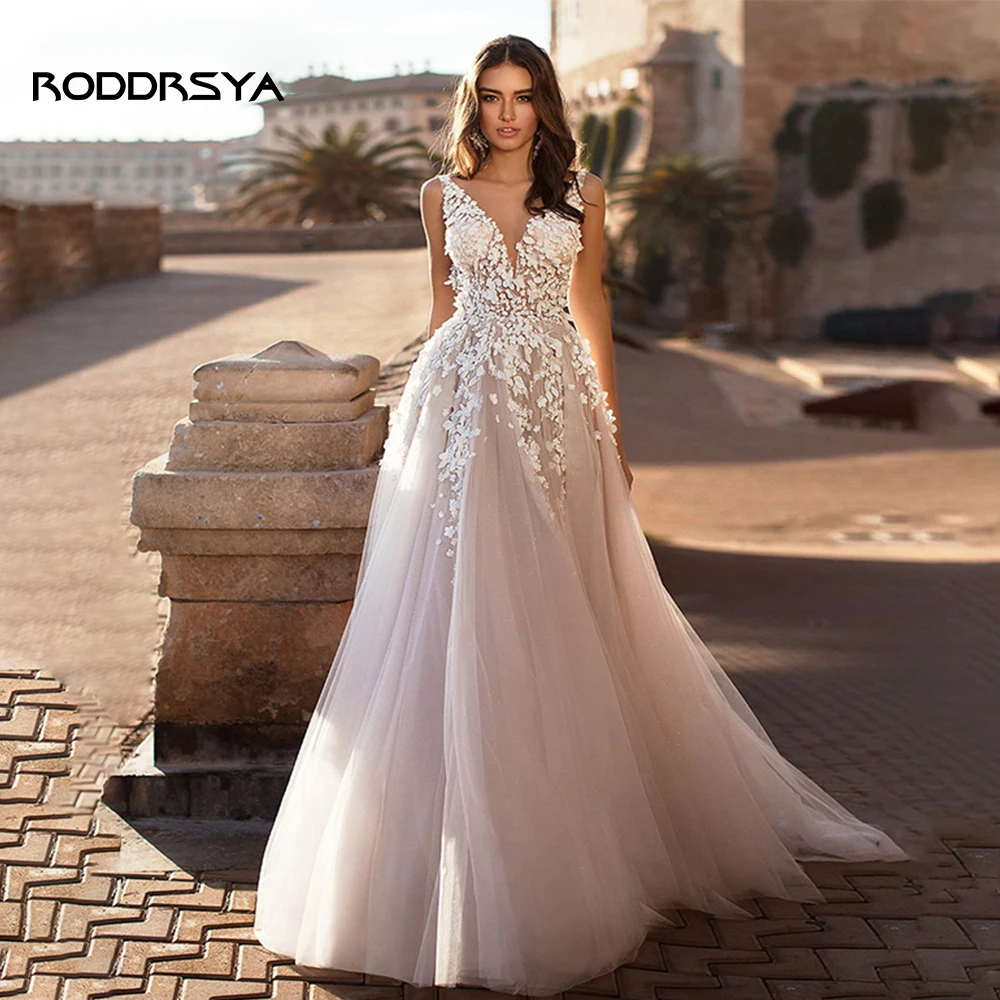 Top Trends: RODDRSYA Beach Wedding Dresses 2023 Backless 3D Flowers Sleeveless V-neck Boho A-Line Princess Bride Gowns Vestido De Novia Shoppable Styles