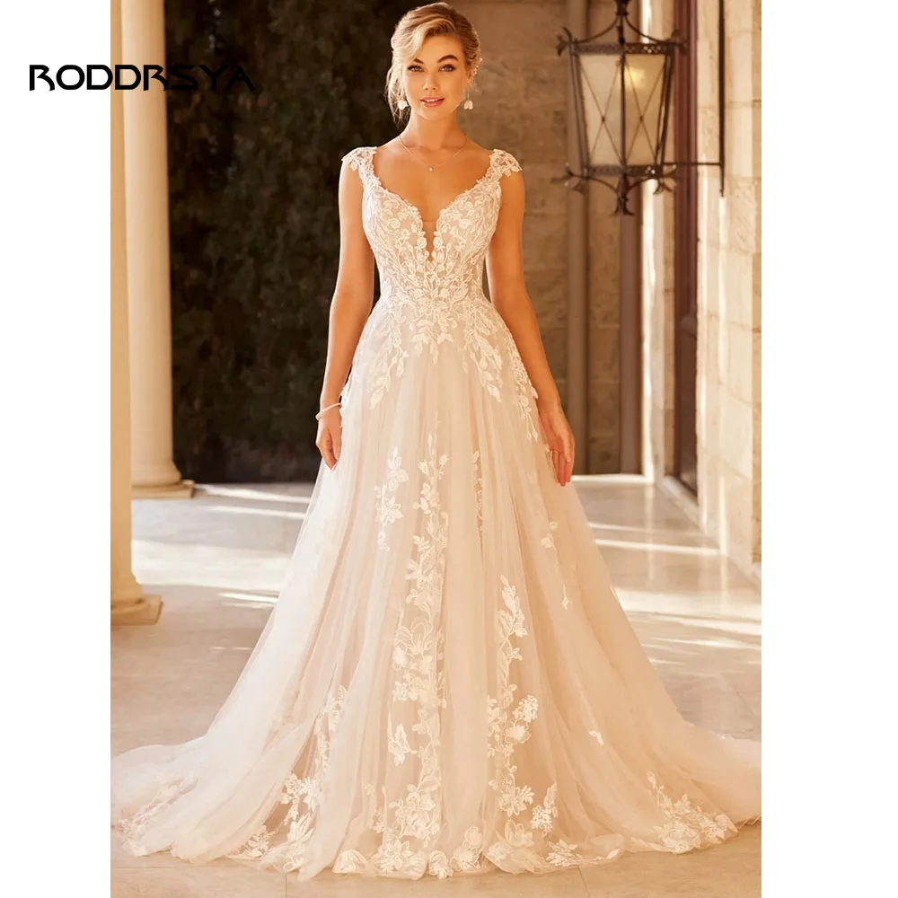 Top Trends: RODDRSYA Elegant Wedding Dress For Women V-Neck Cap Sleeve Lace Appliques Vestido De Noiva With Button Sweep Train Custom Made Shoppable Styles