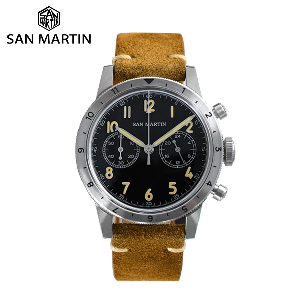 Top Trends: San Martin Vintage Men Watch Military Style VK64 Black Pilot Chronograph Quartz Watches 0Click Bezel Retro Luminous 10Bar SN0127 Shoppable Styles