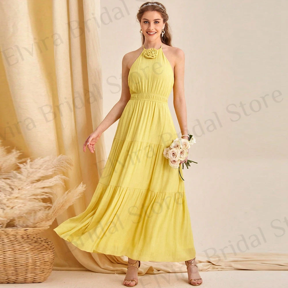 Top Trends: Chic Ankle Length Bridesmaid Dresses Yellow A-Line Women Halter Backless Chiffon With Flower Long Special Occasion Guest Gowns Shoppable Styles