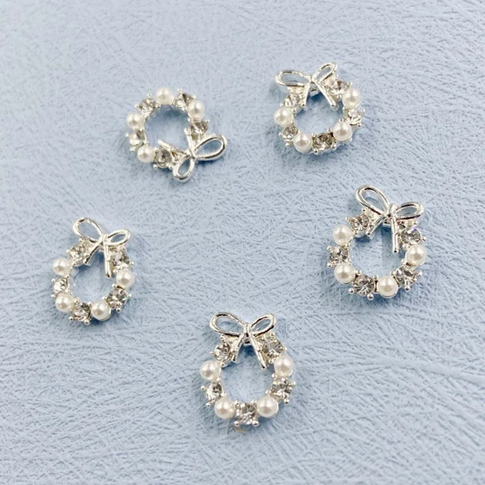 Top Trends: 10Pcs Garland Bowknot Pearl Zircon Nail Art Charms 3D Alloy Christmas Wreath Design Crystals Nail Rhinestone DIY Nail Decoration Shoppable Styles