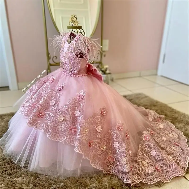 Top Trends: Pink Feather Flower Girl Dresses For Photoshoot Lace Litter Kids Pageant Gown Birthday Party Wedding First Communion Dress Shoppable Styles