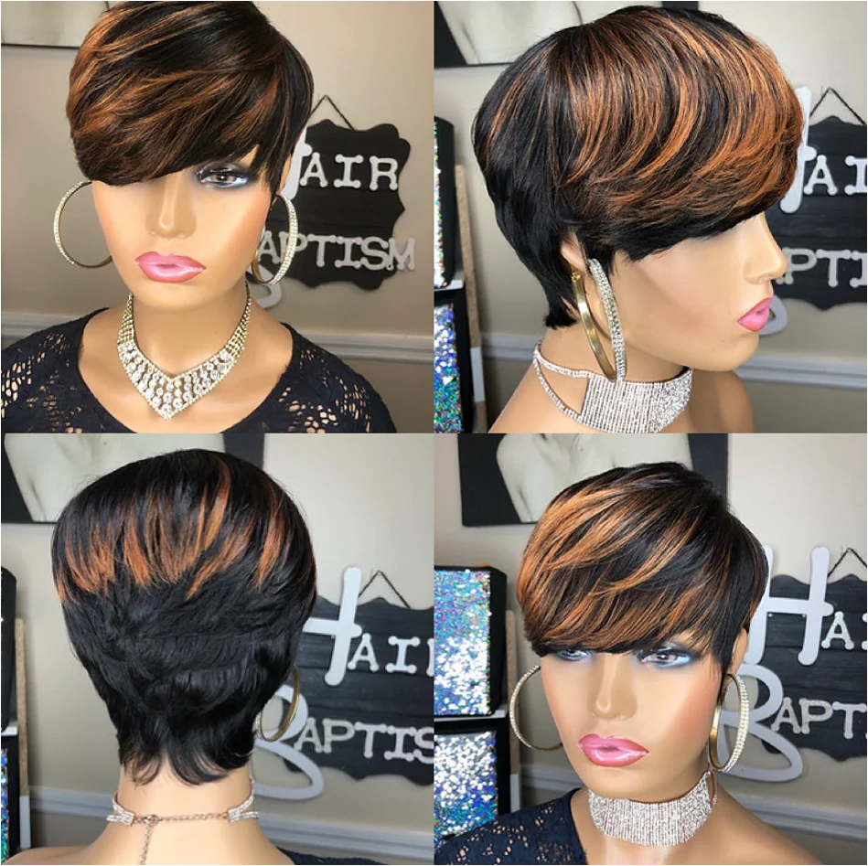 Top Trends: WIGERA Highlight Synthetic Sale Pixie Cut Ombre Black Bronw Mixed Color Short Straight Hairstyle Wigs With Bangs For Black Women Shoppable Styles