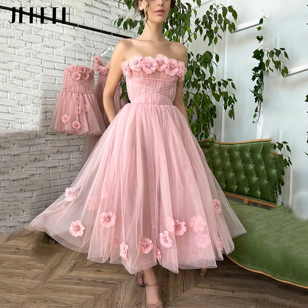 Top Trends: JEHETH 3D Flowers Pink Prom Dress Women Ankle Length Strapless Evening Backless Party Gown A Line Graduation Robes De Soirée Shoppable Styles