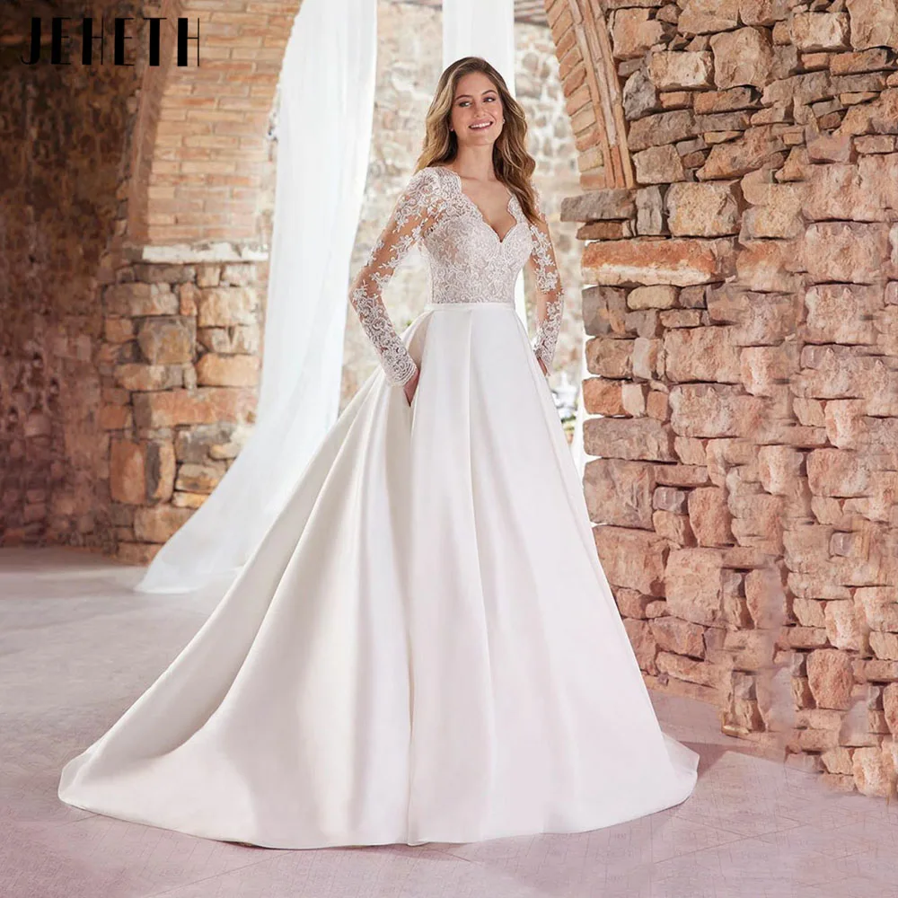 Top Trends: Unique White Wedding Dresses With Pockets Sexy V Neck Long Sleeves Lace Appliques Bridal Gowns Satin Sweep Length Robe De Mariée Shoppable Styles