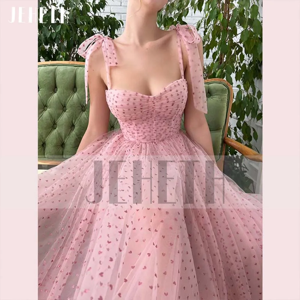 Top Trends: JEHETH Pink Elegant Heart Print Tulle Prom Dress 2022 Sweetheart Spaghetti Straps A Line Backless Evening Party Gown Tea Length Shoppable Styles - Image 4