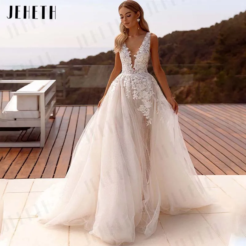 Top Trends: JEHETH Popular V-neck Lace Applique A Line Wedding Dresses Backless Side Slit Custom Made Formal Bridal Grown 2024 Shoppable Styles