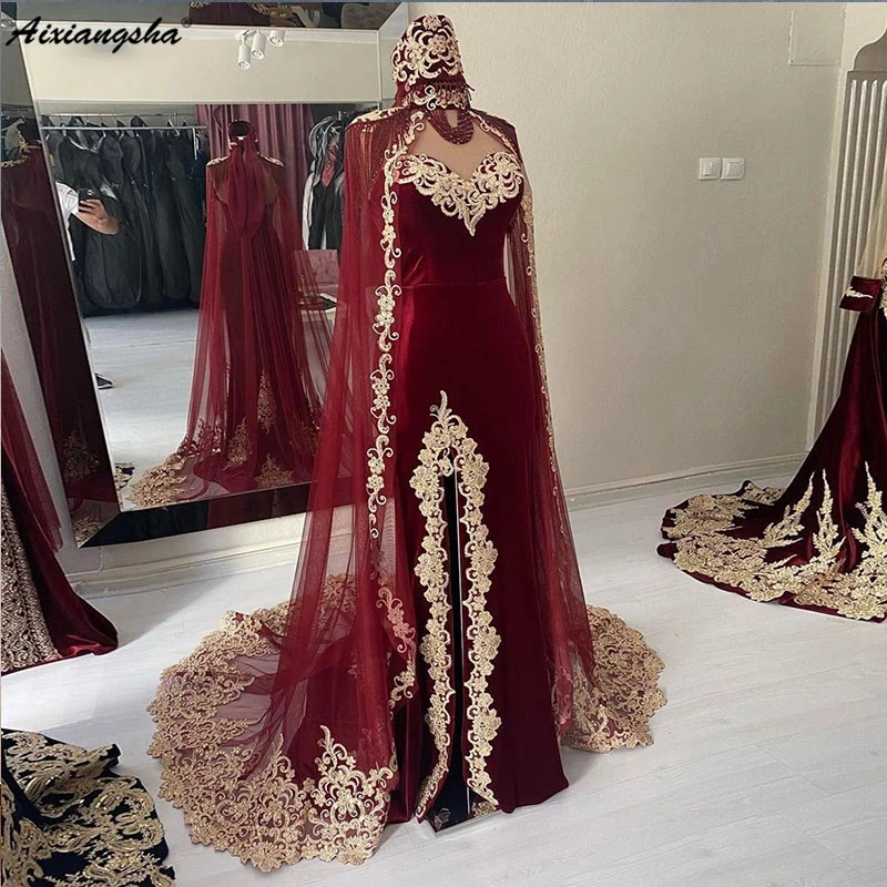 Top Trends: Aixiangsha Moroccan Caftan Evening Dress Gold Appliques Lace Cap Sleeve Burgundy Mermaid Velvet Arabic Prom Gowns Party Dress Shoppable Styles