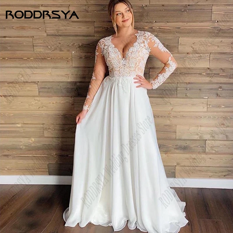 Top Trends: RODDRSYA Plus Size Chiffon Wedding Dresses Sheer Lace Long Sleeves Robe De Mariée Bohème Appliques V-Neck Bridal Gowns Civil Shoppable Styles