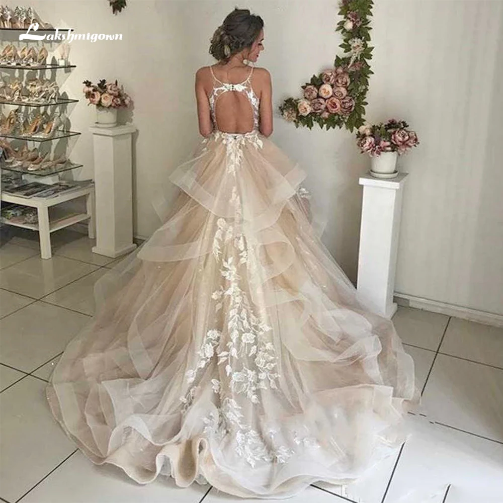 Top Trends: Elegant Champagne Tiered Ruffle Floral Lace Appliques Wedding Dress Sexy Backless V Neck Bridal Gowns Vestidos De Novia Robe De Shoppable Styles