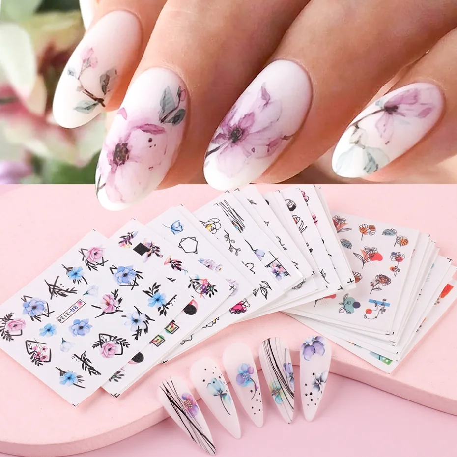 Top Trends: 24pcs Flower Graffiti Water Nail Sticker Set Ink Blooming Floral Leaf Nail Art Design Polish Manicure Decoration Sliders Shoppable Styles