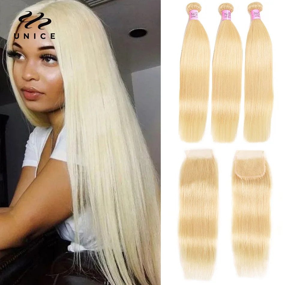 Top Trends: Unice Hair 613 Blonde Bundles With Closure Brazilian Remy Straight Human Hair 3 Bundles With Closure 100% Remy Human Hair Shoppable Styles