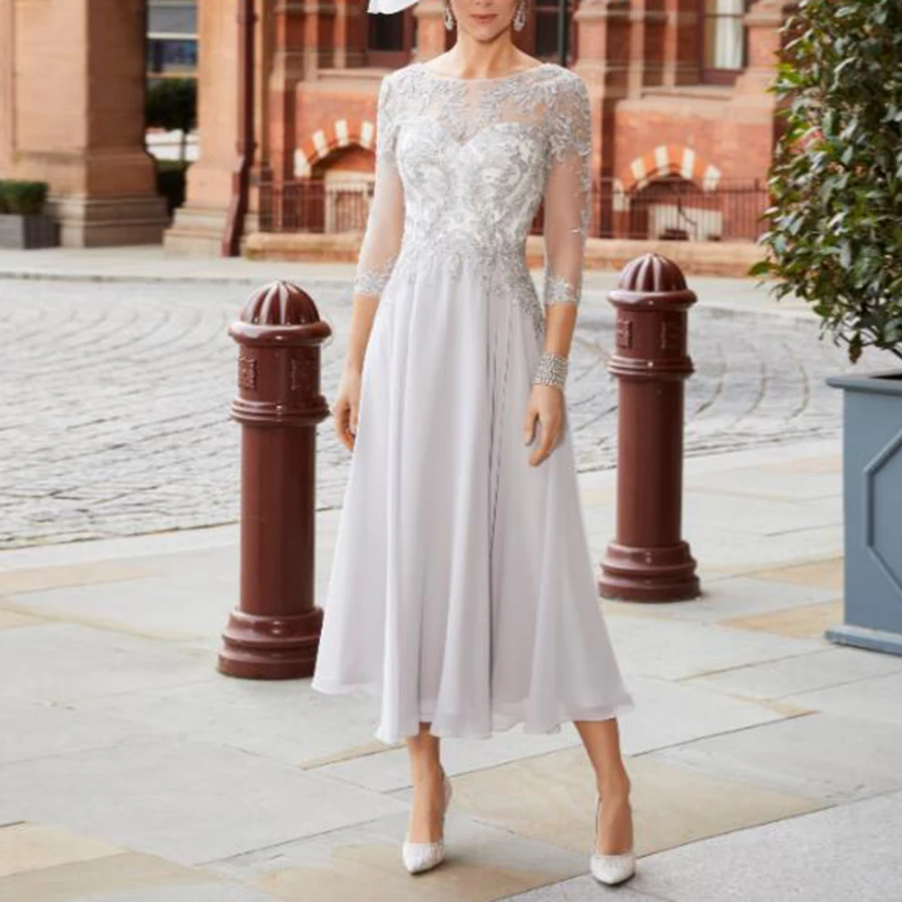 Top Trends: Scoop Neck Mother Of The Bride Dresses 3 / 4 Sleeve Tea-Length Lace Appliques Wedding Guest Dress Modern Chiffon Long Prom Gowns Shoppable Styles