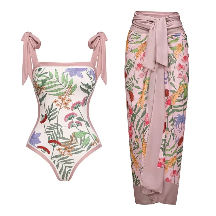 Top Trends: 2024 Tie-shoulder Floral Printed Pink One Piece Swimsuit And Sarong Women Swimwear Beachwear Monokini Bathing Suit Bikini Set Shoppable Styles