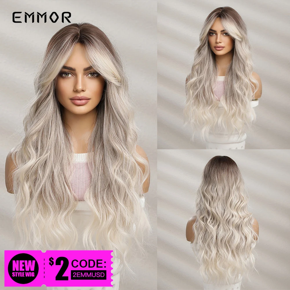 Top Trends: Emmor Synthetic Long Wavy Wigs With Bangs For Women Cosplay Natural Ombre Black To Light Blonde Hair Wig High Temperature Fiber Shoppable Styles