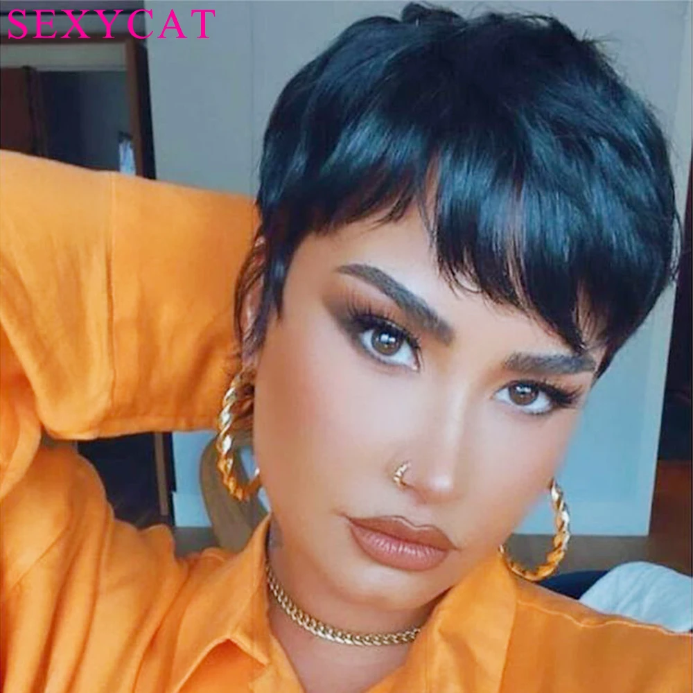 Top Trends: Short Bob Wigs For Black Women Human Hair Pixie Cut Wigs With Bangs Short Pixie Wigs Wavy Layered Full Machine Made 1B Color Shoppable Styles