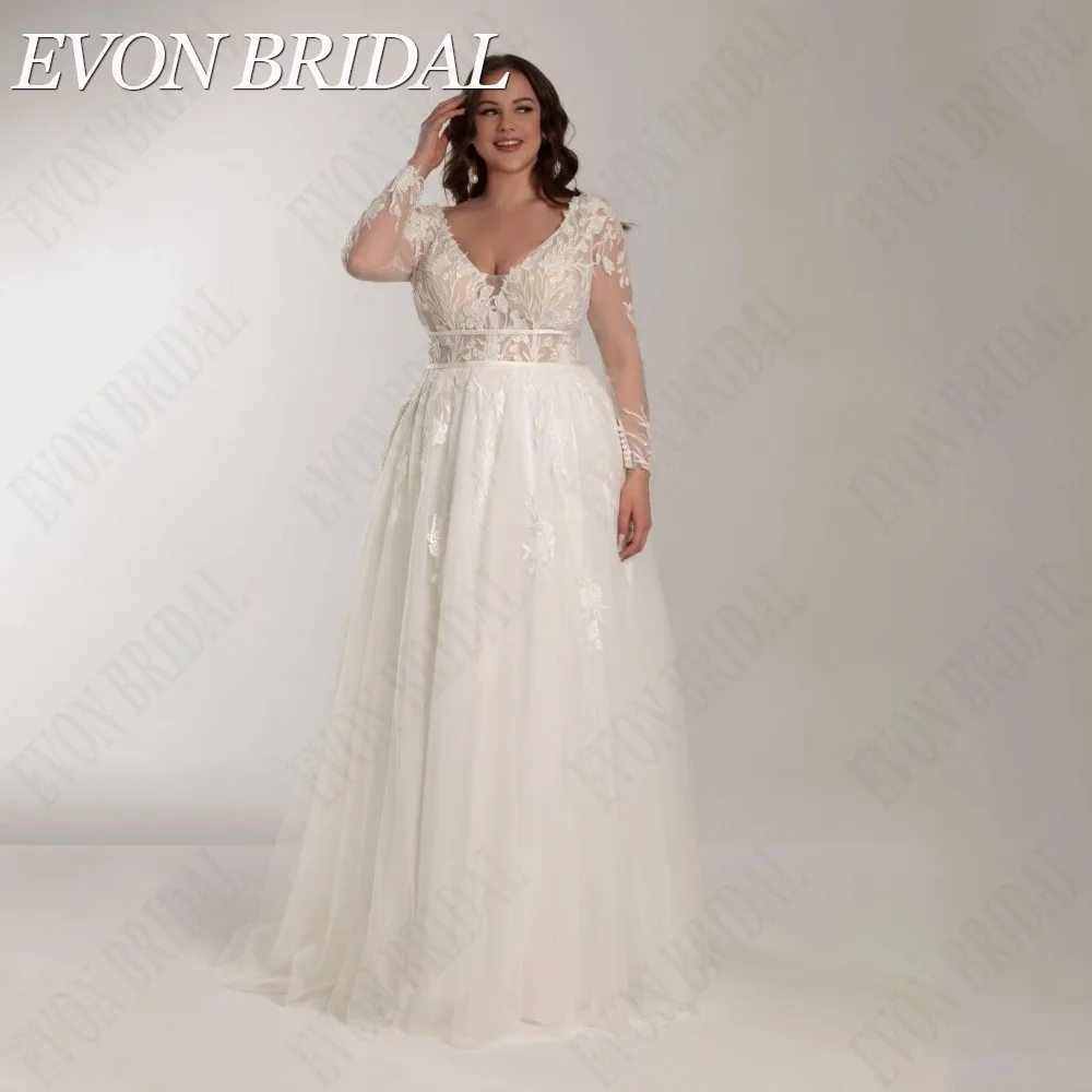 Top Trends: EVON BRIDAL Civil Long Sleeves Wedding Dress Plus Size Applique A-Line Deep V-Neck Bridal Gowns Tulle Backless Hochzeitskleid Shoppable Styles