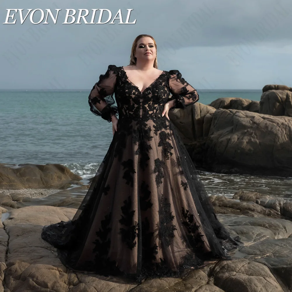 Top Trends: EVON BRIDAL Modern Black Wedding Gowns Puff Sleeves Applique Bride Dresses Tulle A-Line Lace Up Plus Size Vestidos De Novia Shoppable Styles