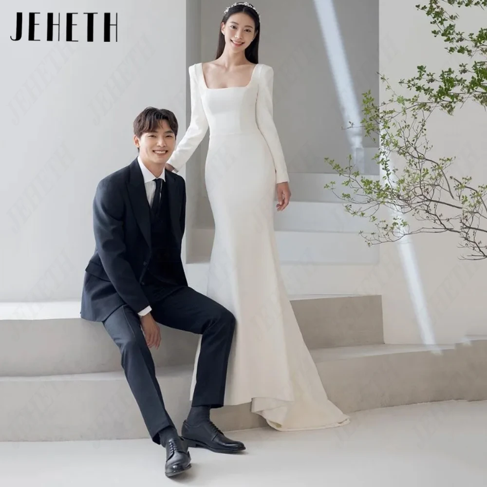 Top Trends: JEHETH Long Sleeves Square Neck Ivory Wedding Dresses Soft Satin Mermaid Korea Bridal Gowns Simple Elegant 웨딩드레스 Custome Made Shoppable Styles