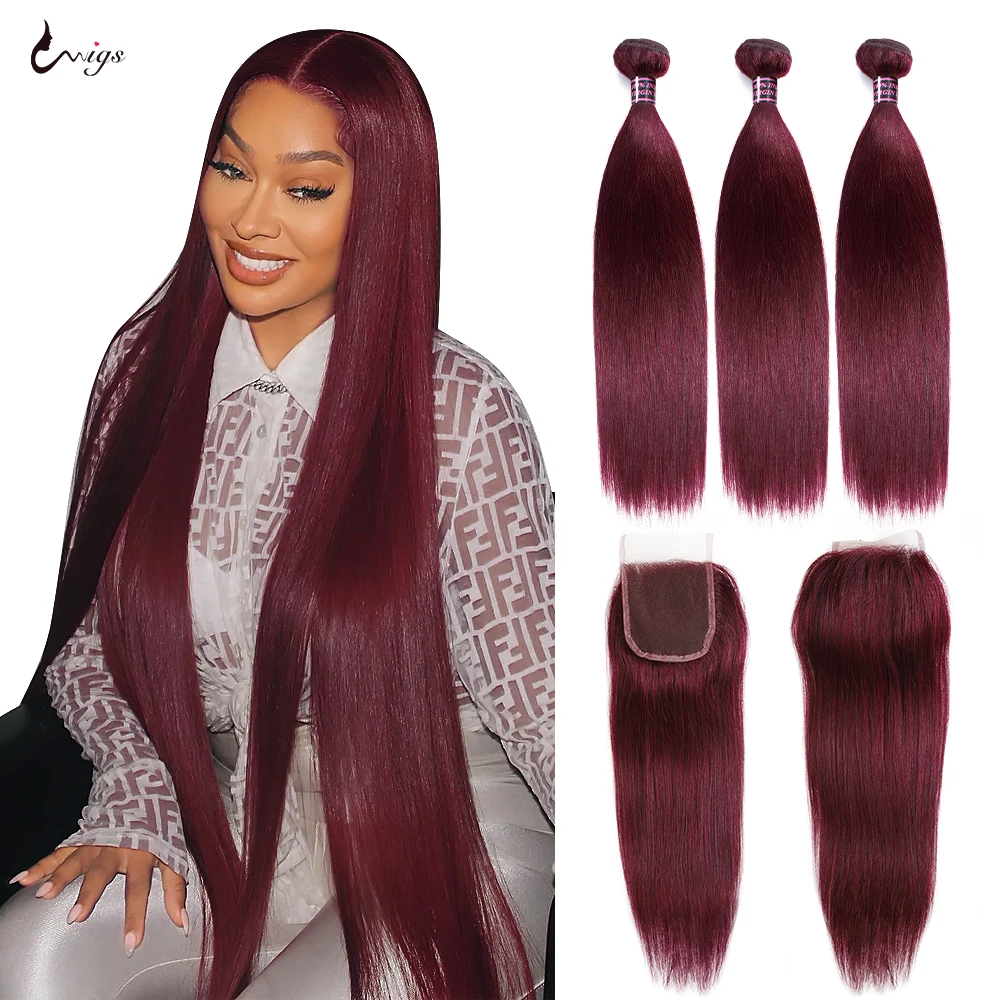 Top Trends: Uwigs 99j Bundles With Closure Brazilian Hair Straight Human Hair Bundles With Closure Ombre Colored Burgundy 3Bundles Shoppable Styles