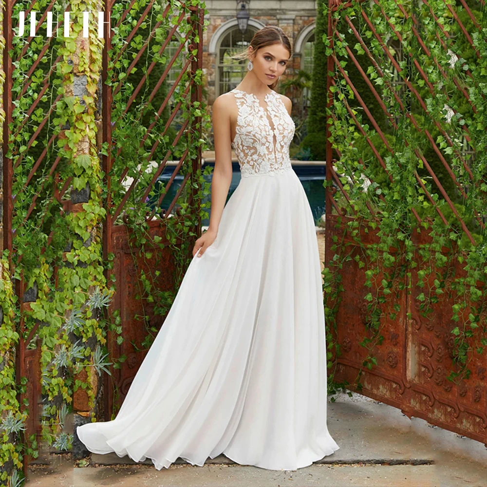 Top Trends: JEHETH Boho Chiffon O-Neck Beach Wedding Dress Bohemian Illusion Back Lace Appliques A Line Sleeveless Bridal Gown Sweep Train Shoppable Styles