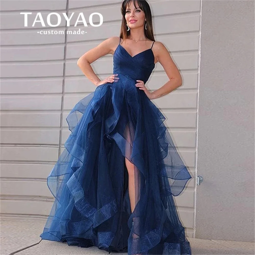 Top Trends: Classic A-Line Prom Dresses V-Neck Lace High Split-Front Evening Gowns Spaghetti-Straps Backless Party Dress 2022 Robe De Soirée Shoppable Styles