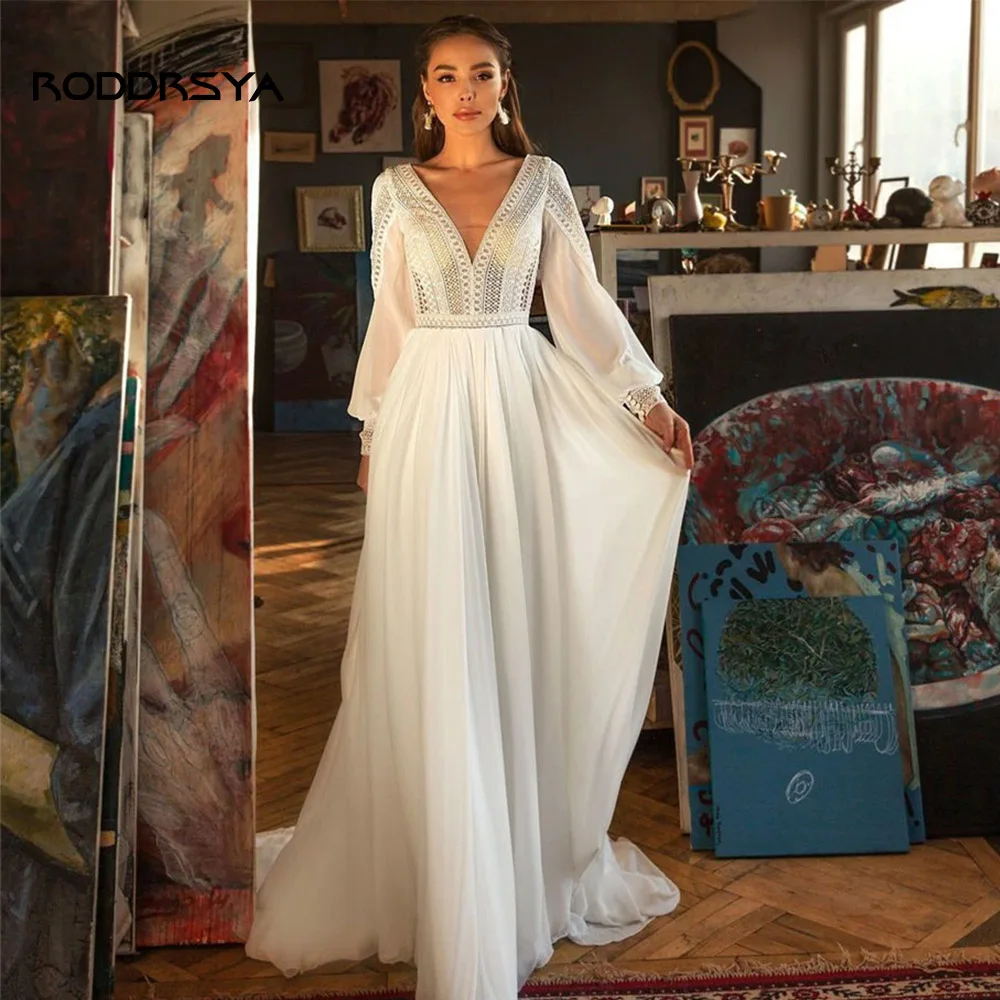 Top Trends: RODDRSYA Bohemian Elegant V Neck Wedding Dress For Women 2023 Lace Full Sleeves Backless Chiffon Bridal Gowns Robe De Mariee Shoppable Styles