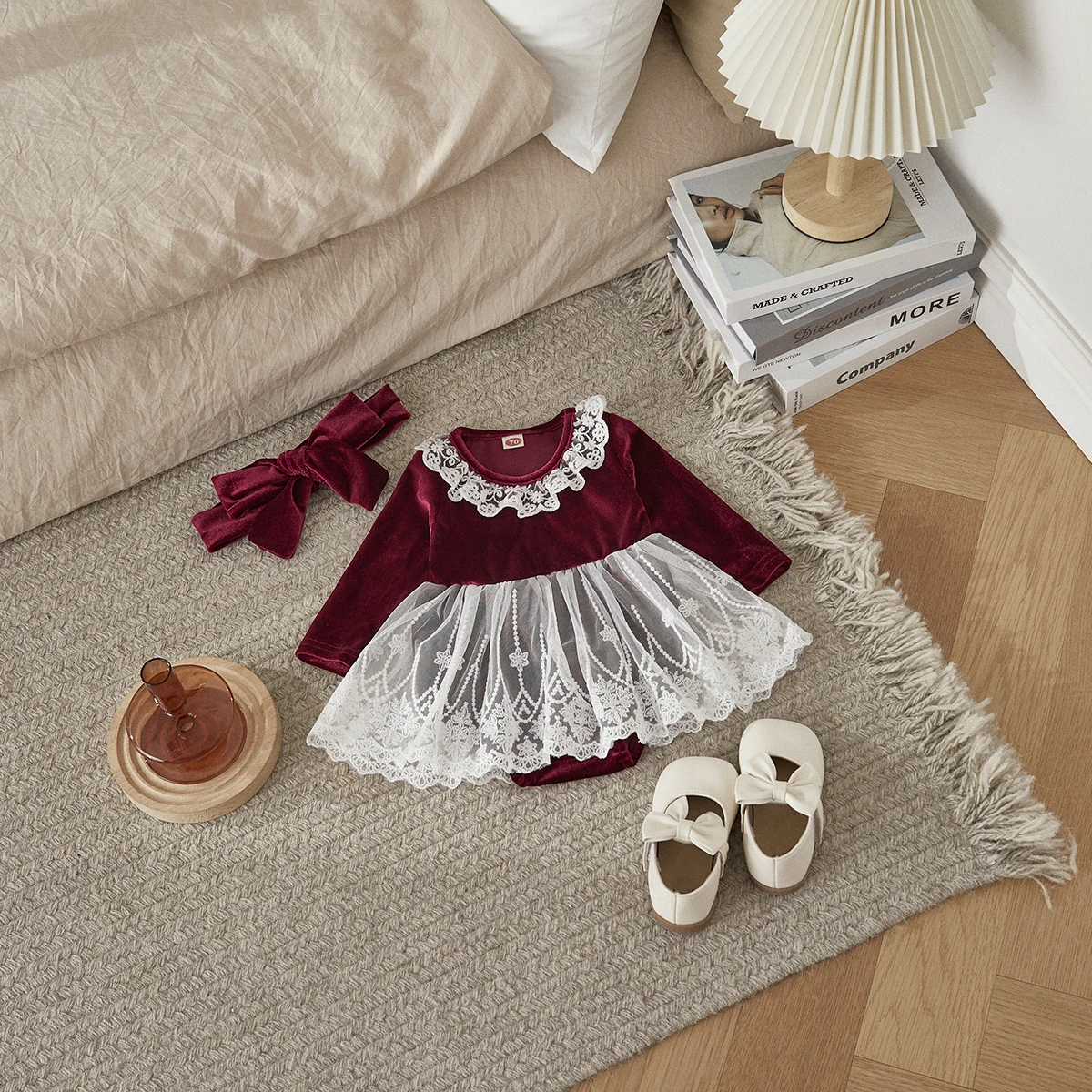 Top Trends: Christmas 0-2Y Infant Girl Velvet Rompers Dress Lace Patchwork Skirt Hem Jumpsuits Newborn Bodysuits With Headband Shoppable Styles