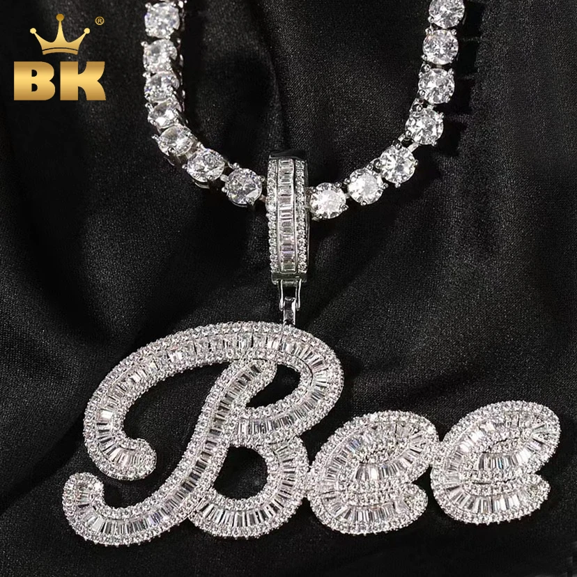 Top Trends: THE BLING KING Custom Brush Cursive Letter Name Pendant Necklace Iced Out Bageutte Cubic Zirconia Chain Necklace Hiphop Jewelry Shoppable Styles