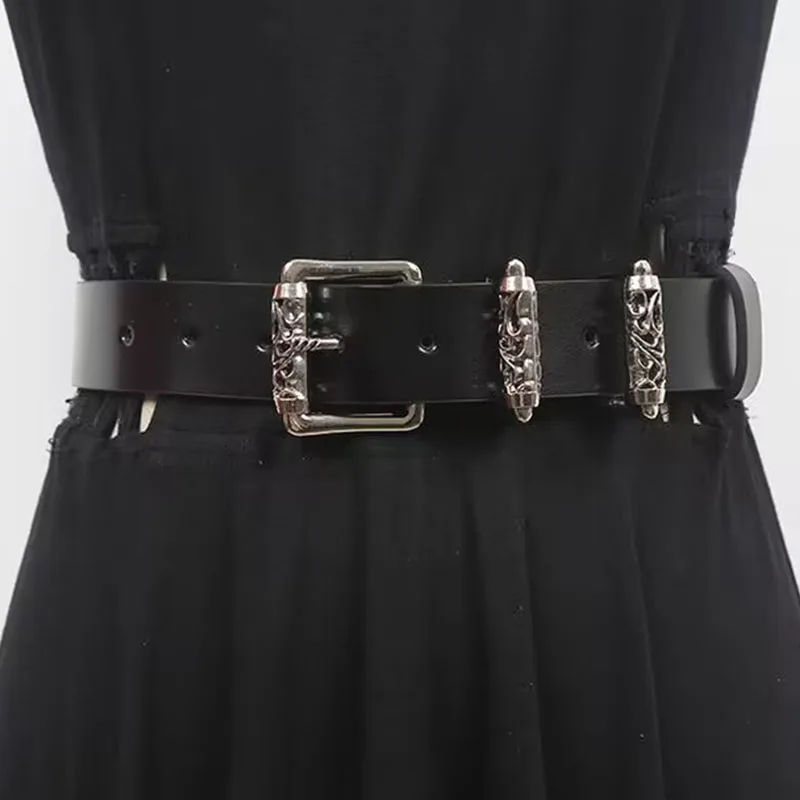 Top Trends: Fashion Pu Belt For Women Alloy Engraved Rollers Hollow Crowe Pin Buckle Waist Strap Punk High Street Unisex Decor Waistband Shoppable Styles