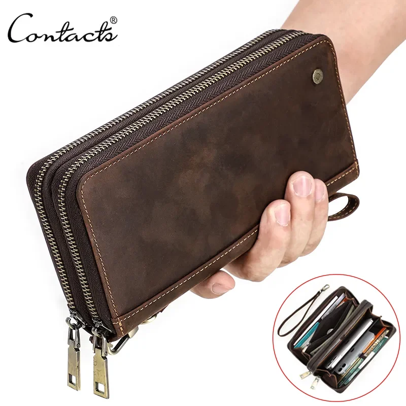 Top Trends: Contact&#039;S Genuine Leather Men&#039;s Wallet Clutch Bag Card Holder Long Wallets Double Zipper Large Capacity Vintage Male Purses Shoppable Styles