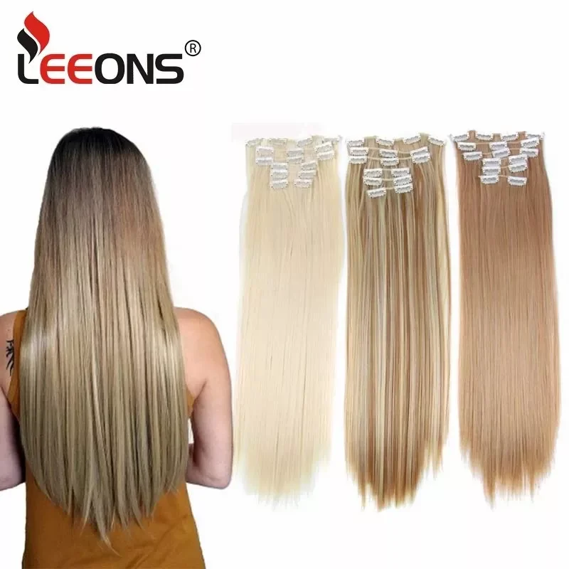 Top Trends: Leeons 16Clips Long Straight Synthetic Clip On Hair Extensions Cheveux Clip Naturel High Temperature Fiber Black Brown Hairpiece Shoppable Styles