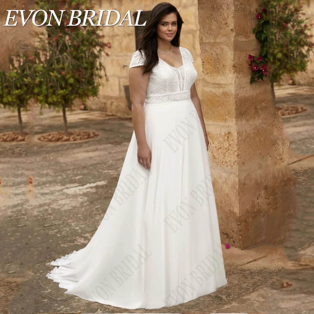 Top Trends: EVON BRIDAL Chiffon A-Line Wedding Dress Plus Size V-Neck Classic Bride Gowns Lace Zipper Back Short Sleeves 2024 Suknia ślubna Shoppable Styles