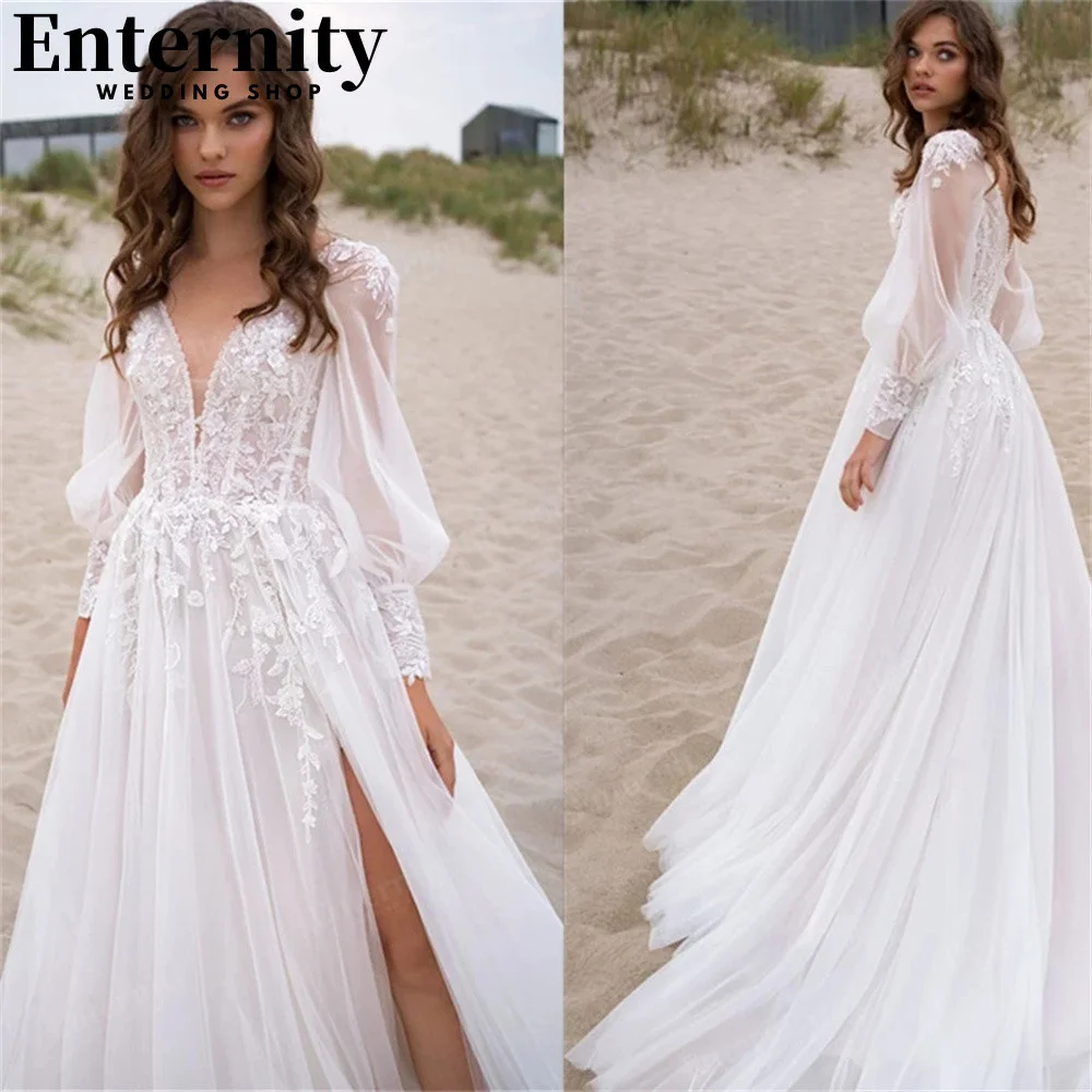 Top Trends: Gorgeous V Neck Beach Wedding Dresses A Line Long Puff Sleeves Backless Bridal Gowns High Split Robe De Mariée свадебное платье Shoppable Styles