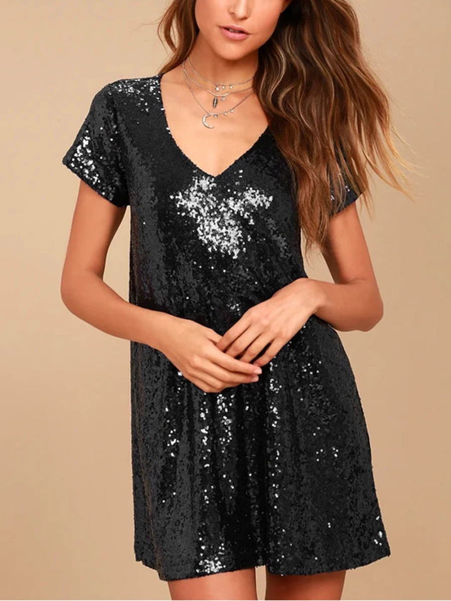 Top Trends: Women Glitter Sequin Babydoll Dress Shiny Short Party Black / Champagne Casual Loose Sparkly T Shirt Dresses Bling Mini Club Wear Shoppable Styles