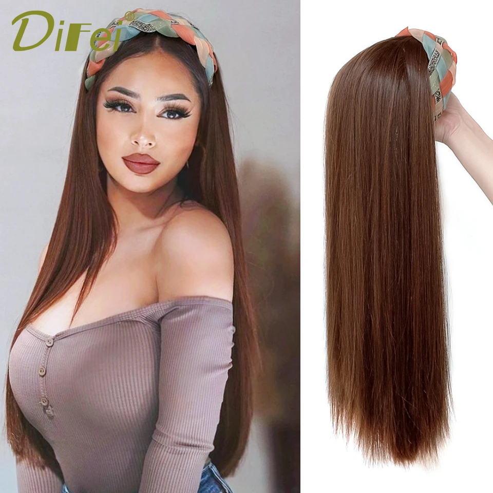 Top Trends: DIFEI Synthetic Headband Wigs Long Straight Natural Brown Black Wig Fit The Head Heat Resistant Fake Hair For White / Black Women Shoppable Styles