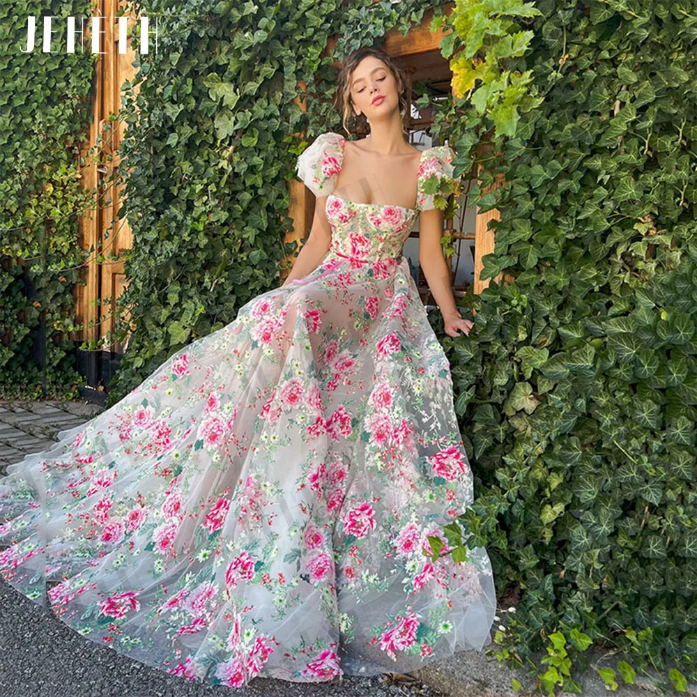 Top Trends: JEHETH Enchanted Flowers Prom Dresses Split Party Short Puff Sleeves Backless Gown Evening Square Neck Vestidos De Graduación Shoppable Styles