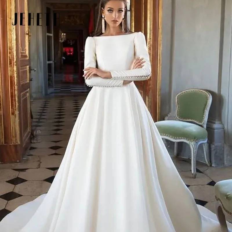 Top Trends: JEHETH Satin Wedding Dresses For Women Backless Long Sleeve A-Line Sexy Backless Bridal Gowns Vestidos De Novia Custome Shoppable Styles