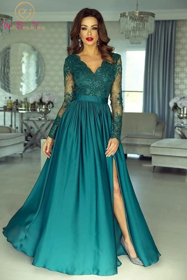 Top Trends: Hunter Green Evening Dress 2024 Long Full Sleeves A Line Lace Applique Sequined Bling Slit Floor Length Prom Party Gowns Elegant Shoppable Styles