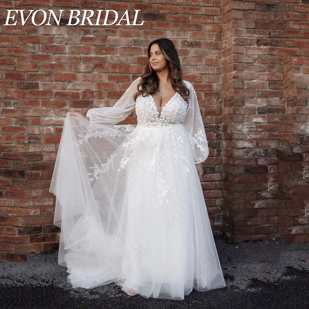 Top Trends: EVON BRIDAL Boho Puff Sleeves Wedding Dress Plus Size V-Neck Backless A-Line Applique Tulle Vestidos De Novia Bridal Gowns Shoppable Styles